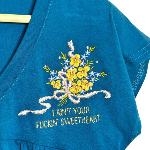 Locher's Paris Size Large Teal Embroidered I Ain't Your Effen Sweetheart Shirt - Picture 5 of 10